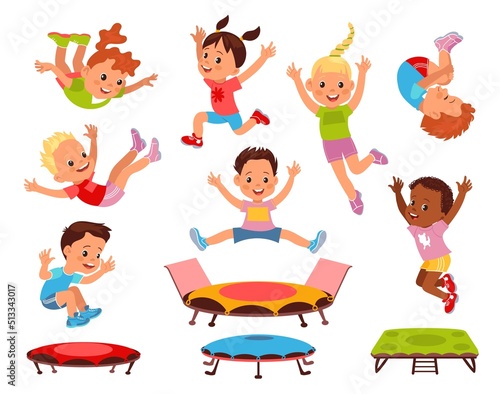 Cartoon children jumping on trampolines. Little boys and girls on playground. Kids activity. Energetic pastime. Teenagers bouncing and falling poses. Active teens games. Splendid vector set