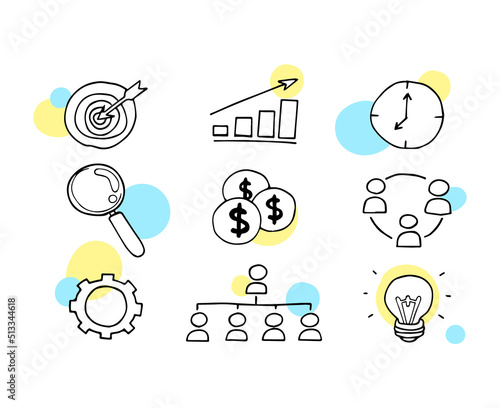 Set of business doodles, cute cartoon vector such as goal, graph, finance, time management, etc.