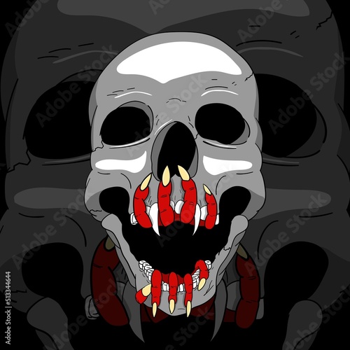Human Head Skull King with Demon Hand Illustration Tattoo Template. Designs for T-shirts, Tattoos, Stickers, Gaming Logos or Posters.