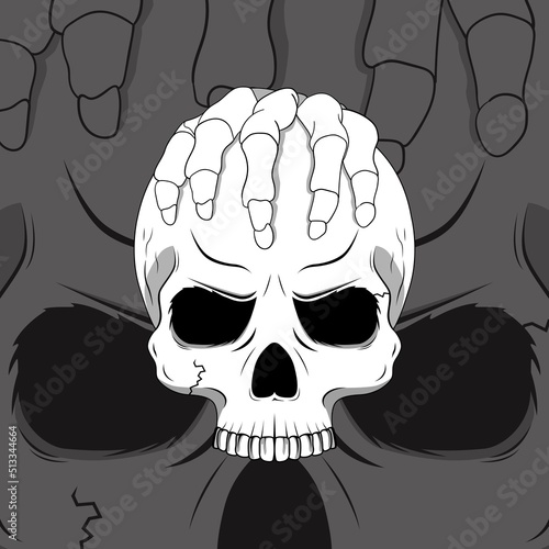 Human Head Skull King with Skull Hand Illustration Tattoo Template. Designs for T-shirts, Tattoos, Stickers, Gaming Logos or Posters.