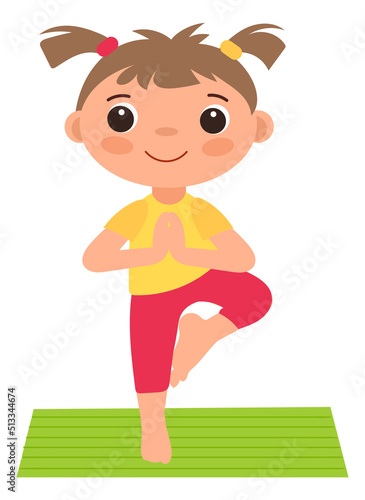 Girl in balance pose. Kid yoga healthy exercise