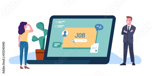 Job searching. People looking for vacancy with laptop. Online work finding. Staff recruitment. Vacant position choosing. HR manager and candidate. Computer technology. Vector concept
