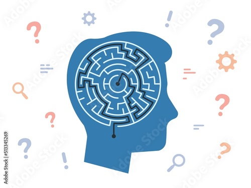 Man thinking and looking for solution. Human head with labyrinth. People solving problem. Male searching decisions. Person finding answers. Maze with path. Question signs. Vector concept