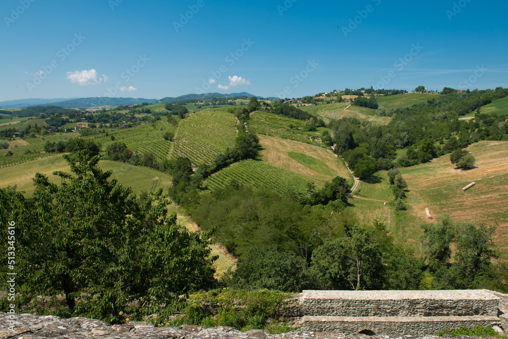 View of the countryside from Torrechiara Castle, a 15th-century castle near Langhirano, in the province of Parma, northern Italy.