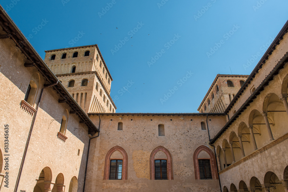 Exterior views of Torrechiara Castle, a 15th-century castle near Langhirano, in the province of Parma, northern Italy.