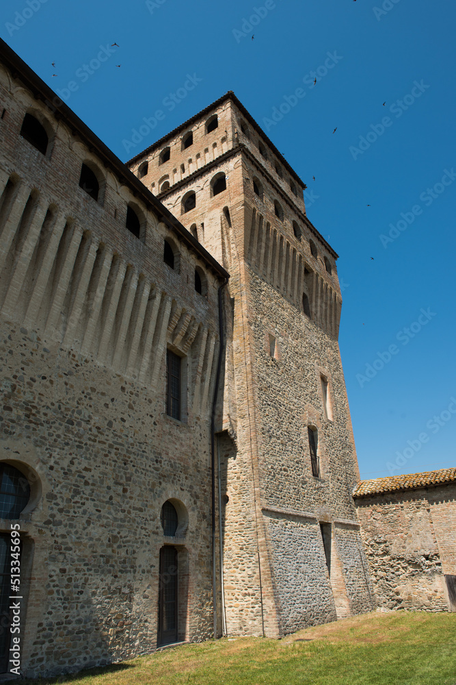 Exterior views of Torrechiara Castle, a 15th-century castle near Langhirano, in the province of Parma, northern Italy.