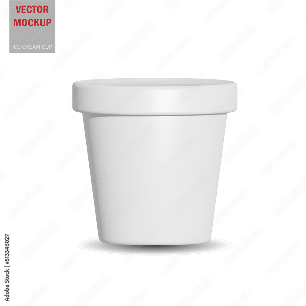 White round glossy ice cream cup. Photo-realistic packaging mockup template with sample design. Vector 3d illustration. White round matte ice cream cup. Photo-realistic packaging mockup template. White round glossy ice cream cup. Photo-realistic packaging mockup template with sample design. Vector 3d illustration. White round matte ice cream cup. Photo-realistic packaging mockup template.