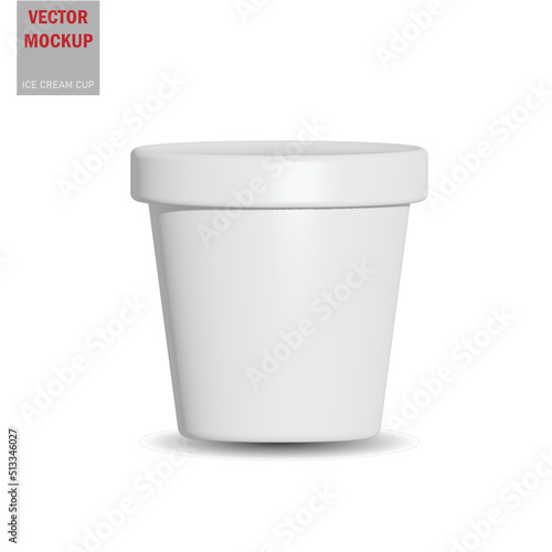 White round glossy ice cream cup. Photo-realistic packaging mockup template with sample design. Vector 3d illustration. White round matte ice cream cup. Photo-realistic packaging mockup template. 