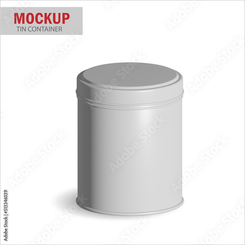 Round white matte tin can with lid. Container for dry products - tea, coffee, sugar, cereals, candy, spice. Photo-realistic packaging mockup template with sample design. 3d illustration.