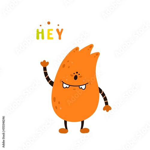 funny and cute monster with doodle face says hey