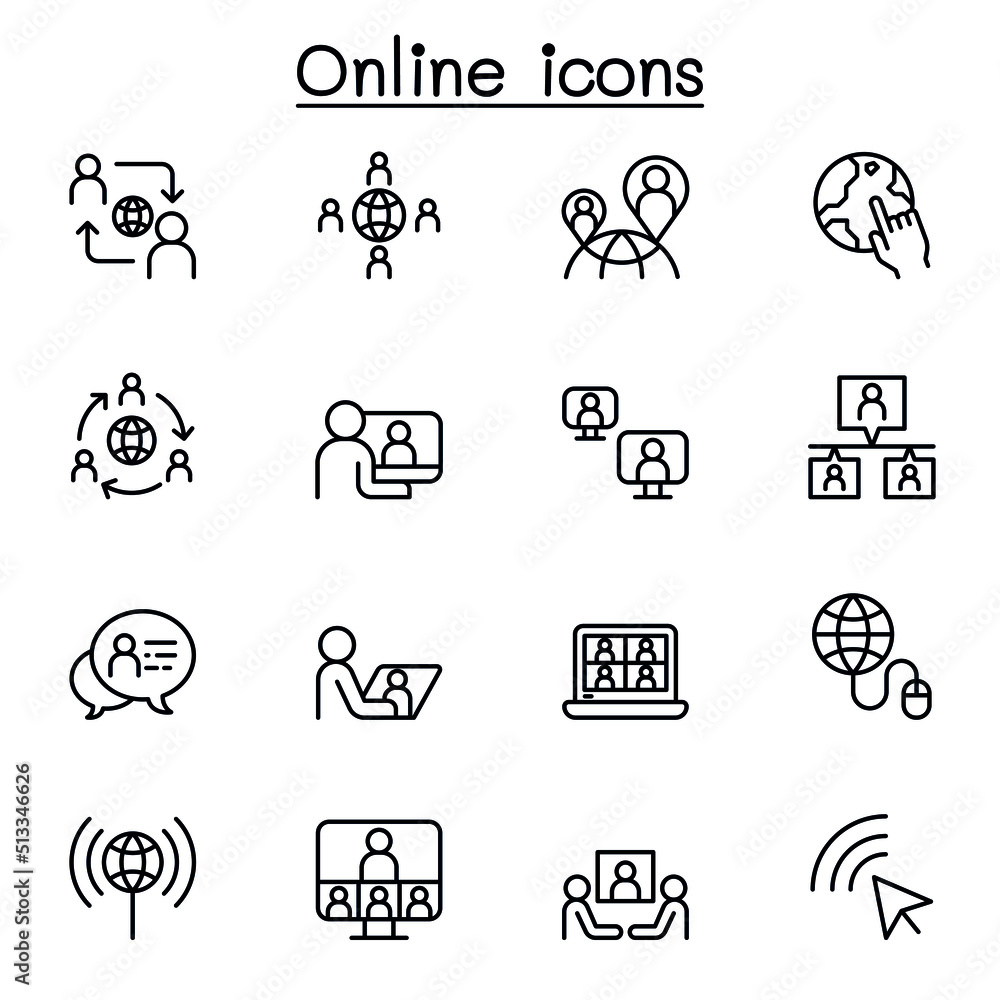 Online icon set in thin line style