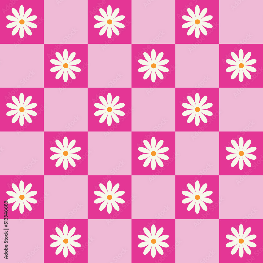 White retro daisy flowers on hot pink and pastel pink checkerboards seamless pattern. For fabric, stationary, textile and wrapping paper. 