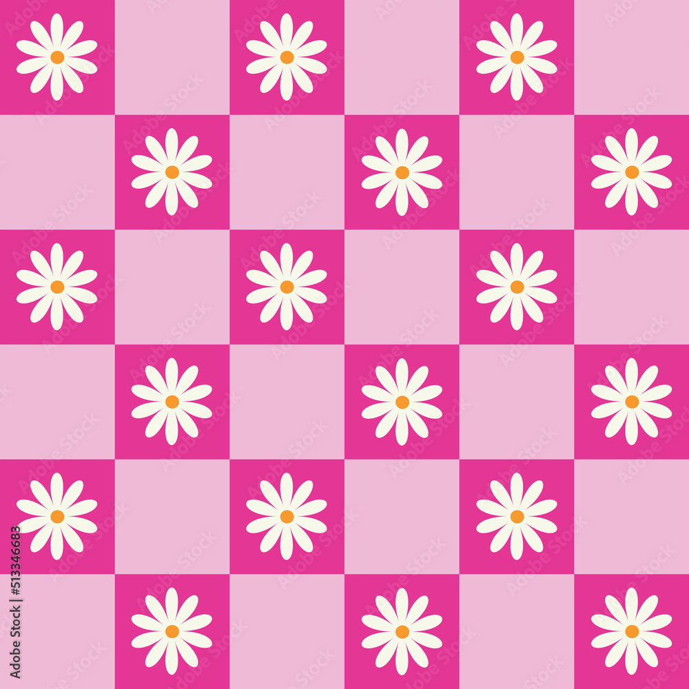 White retro daisy flowers on hot pink and pastel pink checkerboards seamless pattern. For fabric, stationary, textile and wrapping paper. White retro daisy flowers on hot pink and pastel pink checkerboards seamless pattern. For fabric, stationary, textile and wrapping paper.