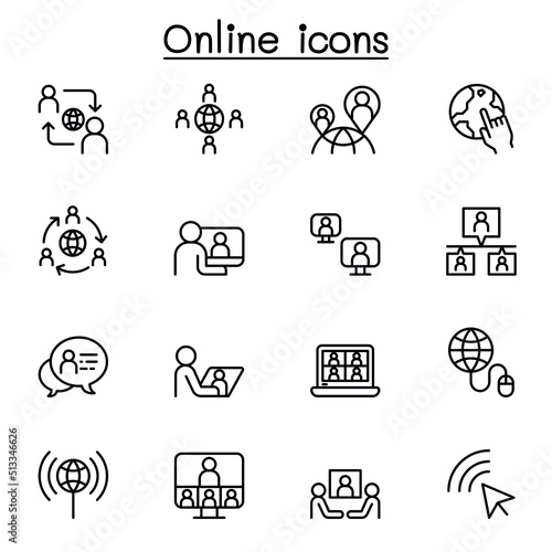 Online icon set in thin line style