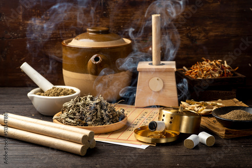 Background of moxibustion and Chinese herbal medicine photo