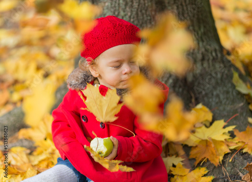 Cute caucasian little girl in a red coat and beret sitting in a park where yellow leaves are falling. Nature and parks. Autumn concept