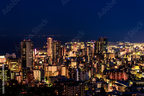High office and apartment buildings of Sannomiya in downtown Kobe at night