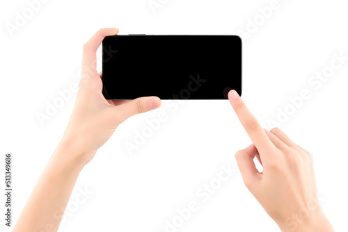 Woman hand holding black smartphone with blank screen isolated on white background.