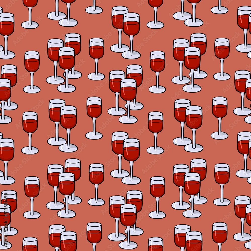 Bright print, glass tall glasses with red wine, seamless square pattern Bright print, glass tall glasses with red wine, seamless square pattern