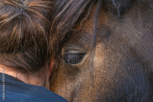 Portrait of a horse cuddling with a woman. Emotional equestrian bonding team secene between horse and owner