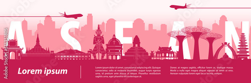 silhouette design of ASEAN landmarks with text inside,vector illustration