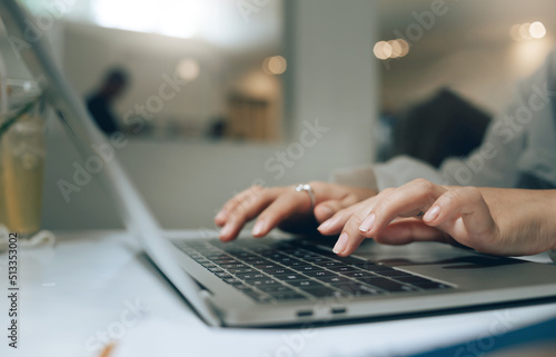 Close up virw, young asian woman typing on keyboard computer to working or meeting online and sent message to her business group