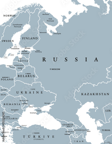 Eastern Europe and Western Asia, gray political map, with capitals and borders. With the Black Sea, Caspian Sea, European Russia, and with a part of Central Asia. Illustration on white background.