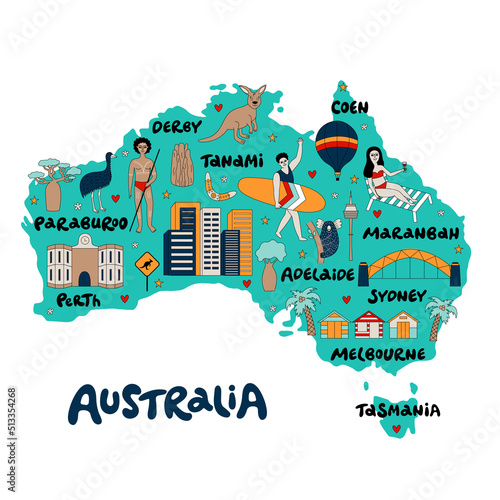 Map of Australia with its architecture, culture, and Australian people.