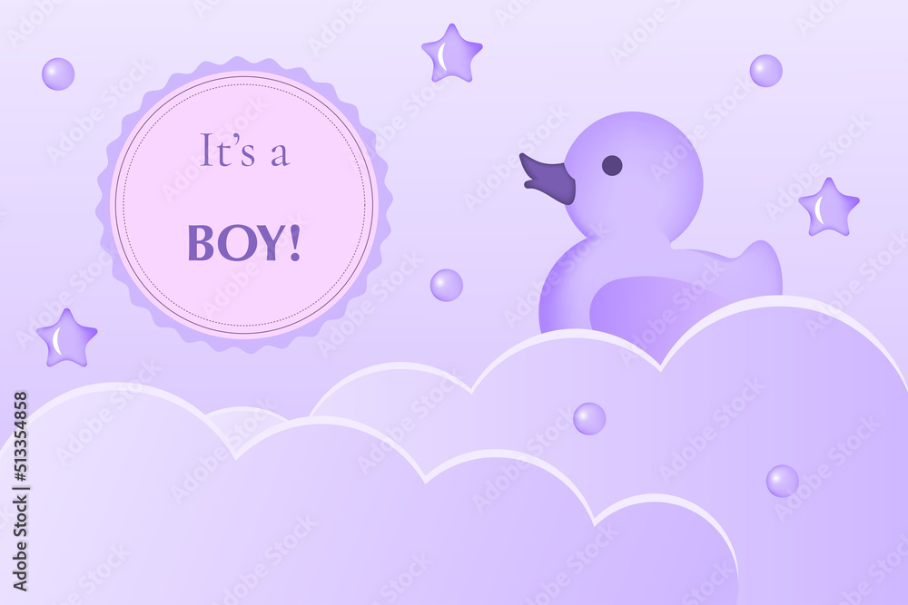 Boy birthday 3D. It’s a boy. Cartoon clouds, duck toy on pastel purple background. Baby shower horizontal banner. Vector illustration Boy birthday 3D. It’s a boy. Cartoon clouds, duck toy on pastel purple background. Baby shower horizontal banner. Vector illustration