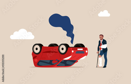 Broken leg and hand man patient  with bandage walking with crutch with car wreck behind. Automobile transportation car safety or accident insurance.