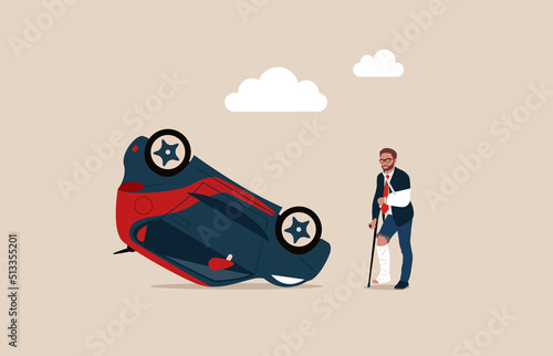 Broken leg and hand man patient  with bandage walking with crutch with car wreck behind. Automobile transportation car safety or accident insurance.