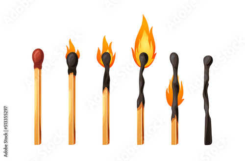 Burnt match stick with fire. Set of matchsticks with sulfur head flaming stages from ignition to extinction. Cartoon spark bonfire vector illustration