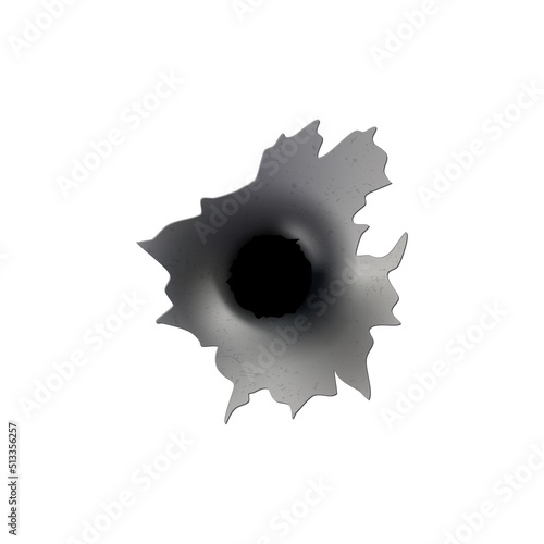 Bullet holes of gun or pistol. Shoot in metal single and double hole. Damage and cracks on surface. Vector isolated on background