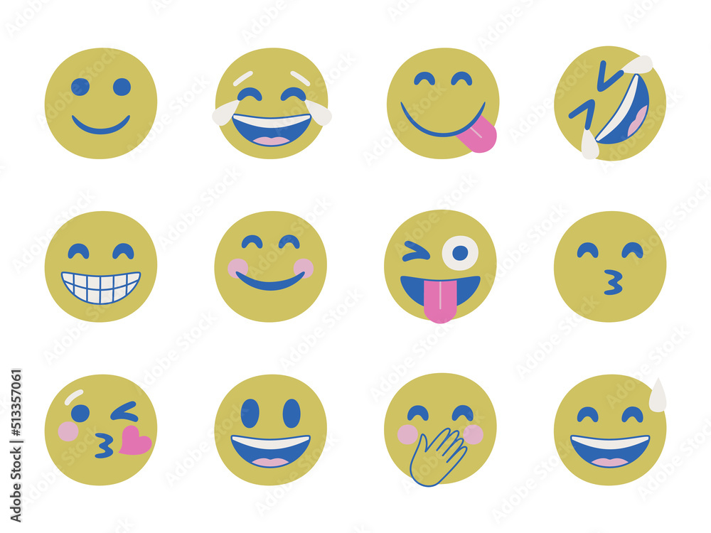 Set of vector facial expression illustrations. Collection of multicolor chat emoji icons. Set of vector facial expression illustrations. Collection of multicolor chat emoji icons.