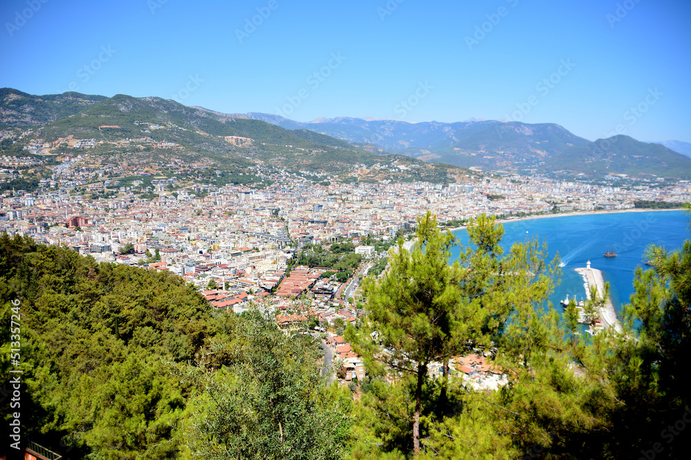 alanya town with mediterranean sea and mountains, top view