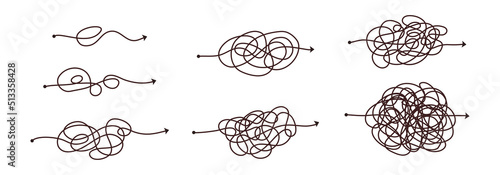 Simple line and complex easy way. Scribble doodle chaos mindset. Problem solving, difficult line. Vector hand drawn concept path