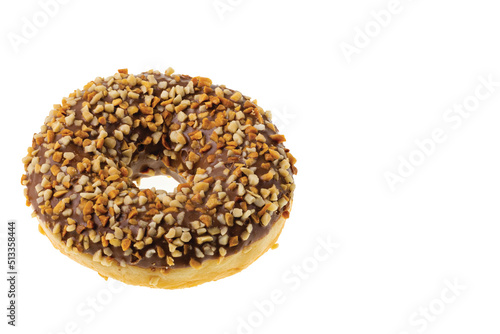 Close up view of chocolate donut sprinkled with nuts isolated on white background. Food and drink concept. Sweden.