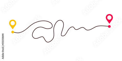 Complicated way and simple path from point A to B. Plans and real life chaos simplifying. Curved dashed line. Vector illustration