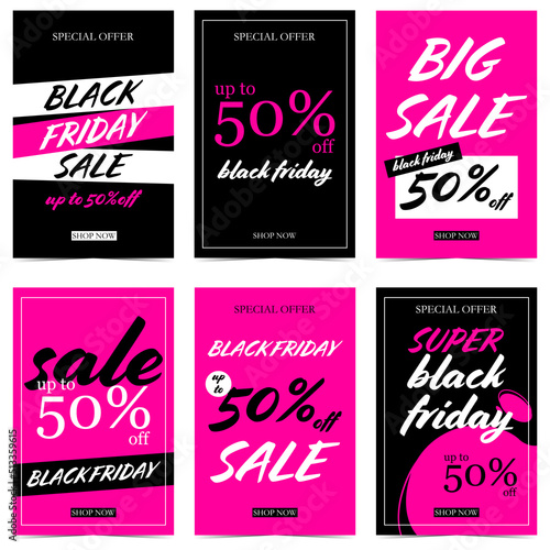 Sale banner template design set of 6 sale posters for Black Friday shopping season. Vector illustrations in black, pink and white colours suitable for holiday discounts and big sale events.