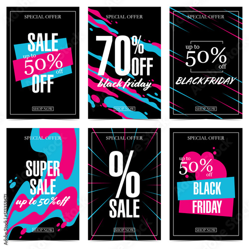 Sale and discount banners and posters for Black Friday, big sale and shopping season. Vector illustration indicating rebate percentage, special offer price in black-white, pink and blue colours.
