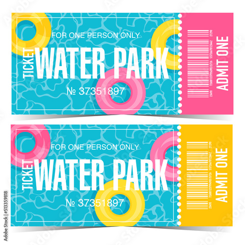 Water park or aqua park ticket design template. Vector illustration in flat style of aquapark entrance coupon with colourful inflatable swimming rings floating on the blue swimming pool water.
