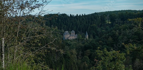 Beautiful shot of the chateau reinhardstein in the middle of the forest photo