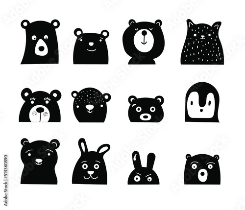 Safari animal faces kawaii style. Cute animals heads icons. Fun vector illustration animals.
