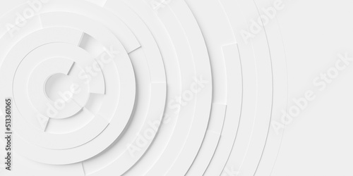 Concentric random rotated white ring or circle segments fading out background wallpaper banner flat lay top view from above with copy space