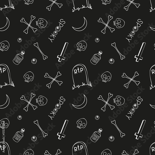 Halloween seamless pattern in doodle style on black background.