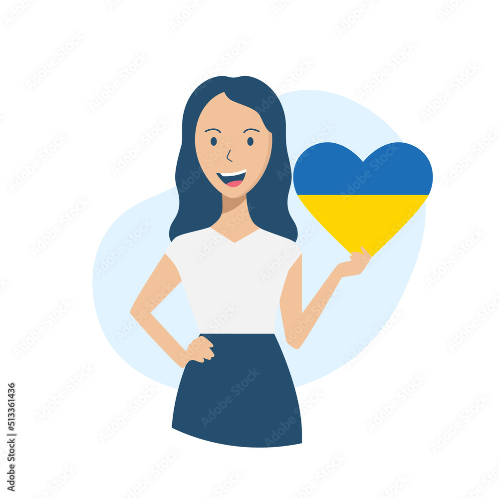 ukrainian patriot girl holds the flag of ukraine in the shape of a heart. Ukraine's Independence Day. Support for Ukraine. No war ukrainian patriot girl holds the flag of ukraine in the shape of a heart. Ukraine's Independence Day. Support for Ukraine. No war