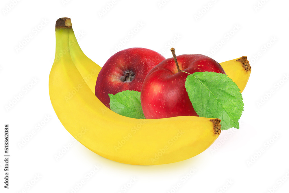 Apples and bananas on an isolated white background. Red apples and