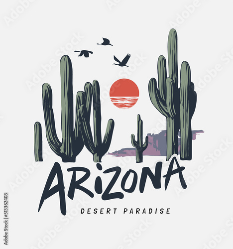 Fotografie, Obraz Arizona slogan with desert cactus and sunset graphic vector illustration