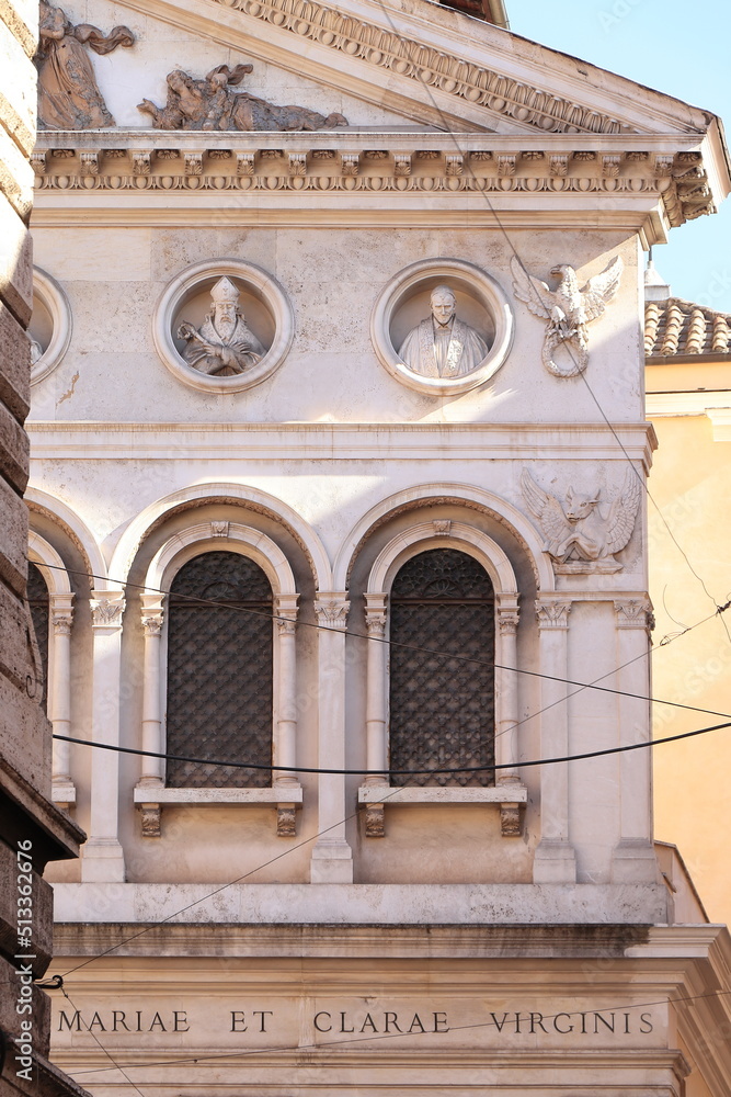 Rome Santa Chiara Church Facade Close Up with Sculpted Details, Italy