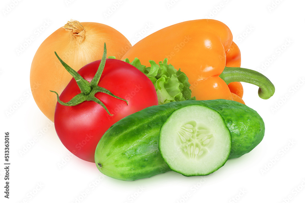 Tomato, pepper, onion, lettuce and cucumber on an isolated white background. Orange pepper, cucumber, onion and red tomato.